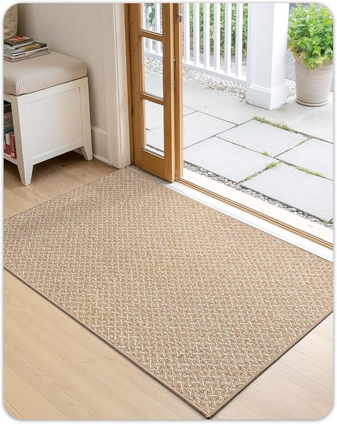 Color&Geometry Ultra Thin Indoor Door Mat Non Slip Rubber Backed Dirt Trapper 48"x72"(Rolled-up NO Creases), Rugs for Entryway, Front Door Mat Indoor Washable Low-Profile Entry Mat, Khaki
