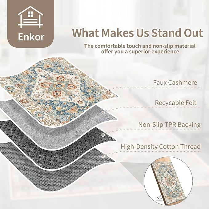 Enkor Area Soft Rugs 9x12 Washable Non Slip Boho Floor Rugs for Living Room Bedroom, Vintage Style Farmhouse Mat for Kitchen Entryway Orange & Blue