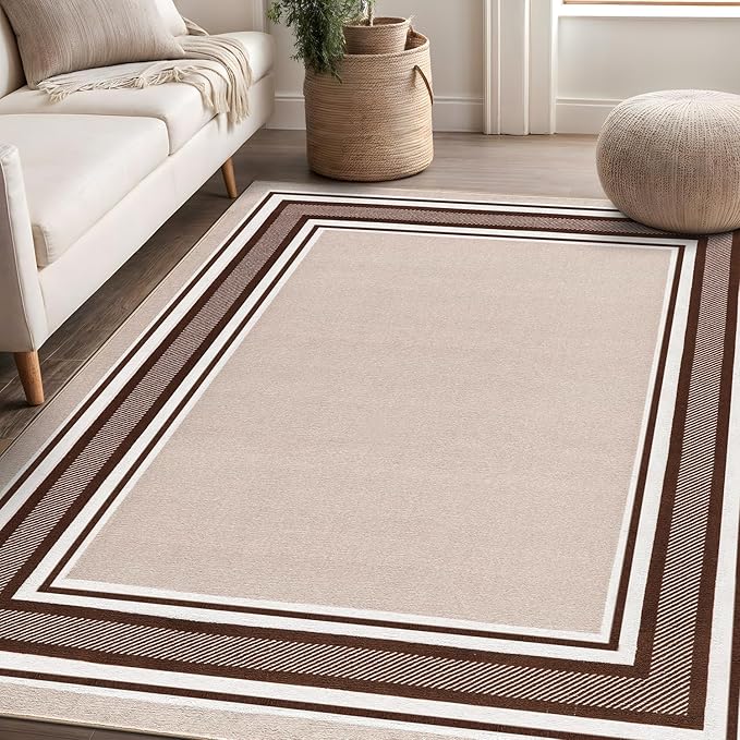 Beverly Rug Non Slip Area Rugs 3x5 Modern Bordered Non Skid Rubber Backing Soft Area Rug for Living Dining Room Easy to Clean Non Shedding Kitchen Bedroom Indoor Carpet 3 x 5 Beige-Brown