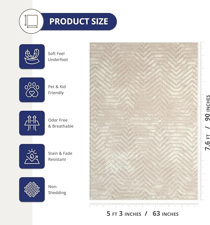 Abani Terra Cream 5' x 8' Area Rug for Living Room, Bedroom - Geometric Lines Pattern - Durable & Easy to Clean