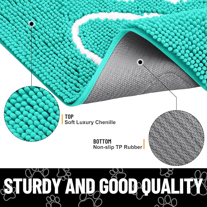 Smiry Dog Door Mat for Muddy Paws, Absorbent Dirt Trapper Non Slip Quick Dry Washable Chenille Mat for Mud Dogs, Entry Rug for Indoor and Outdoor (36x24 Inches, Turquoise and White)