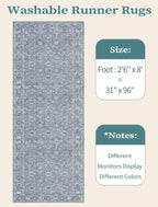 SERISSA Boho Washable Runner Rug, 2'6"x8' Non-Slip Vintage Floral Hallway Kitchen Runner Rug Ultra Soft Print Distressed Blue Grey Floor Carpet for Bedroom Bathroom Laundry Room