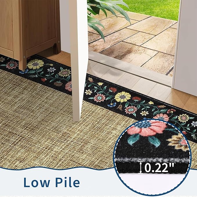 GarveeHome Entryway Rug 2x6 Modern Bordered Runner Rug Washable Kitchen Runners for Hallway Non-Slip Low-Pile Soft Carpet Floral Print Bathroom Mat for Bedroom Laundry Room, Yellow