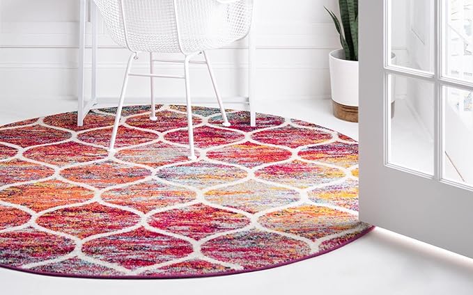 Rugs.com Lattice Frieze Collection Rug – 6' Round Multi Medium Rug Perfect for Kitchens, Dining Rooms