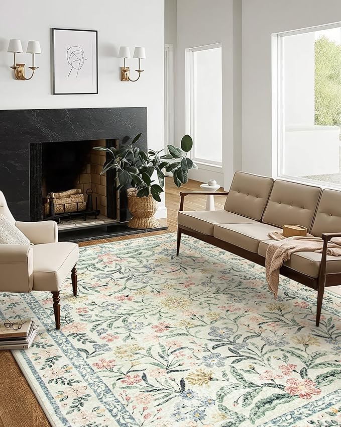 Wonnitar Boho Floral Washable Rugs 5x7, Soft Area Rugs for Bedroom, Ultra-Thin Non Slip Beige Area Carpets, Flower Print Decor Carpet for Living Room Nursery Dining Room Office