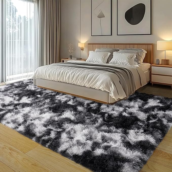 Plush Rugs for Living Room Shaggy Soft Area Rug High Pile Fuzzy Rug Non-Slip Indoor Floor Carpet Plush Area Rugs for Living Room Tie Dye Black White 9x12