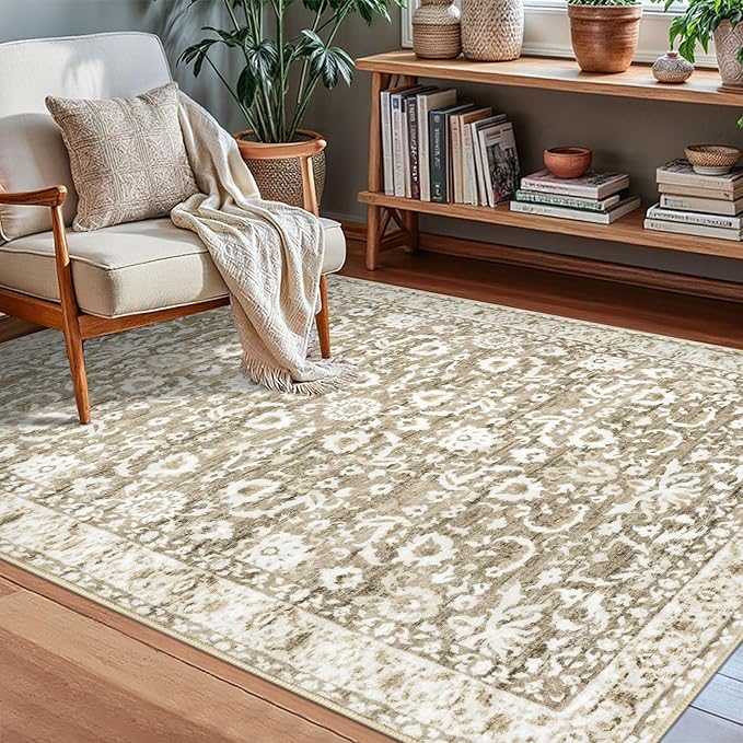 Vintage Floral 3x5 Rug, Beige Tan White Entryway Rug Neutral Small Area Rug Washable Non-Slip Throw Rug, Thin Printed Faux Wool Kitchen Rugs Super Soft Capet for Entrance Bedroom Office