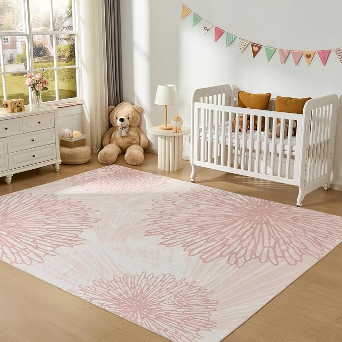 WITSHOCK Pink Rugs 6x9 for Bedroom Girls,Floral Modern Distress Print Pattern Carpet for Living Room Dining Room,Stain Resistant Anti Slip Backing Rugs for Kids Room Nursery Playroom,Light Pink