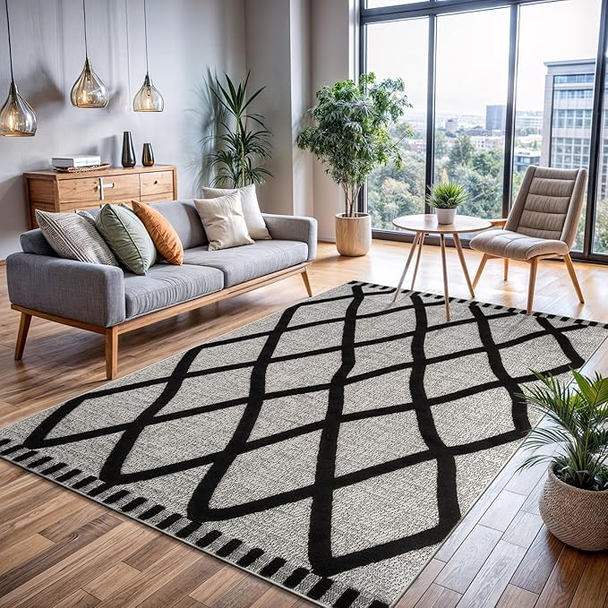 CAMILSON Modern Rug 6x9 Luxury Diamond Pattern Micro Loop Area Rugs Soft High-Low Pile Stain Resistant Easy to Clean Non-Shedding Durable Living Room Office Indoor Carpet (Black/Gray)
