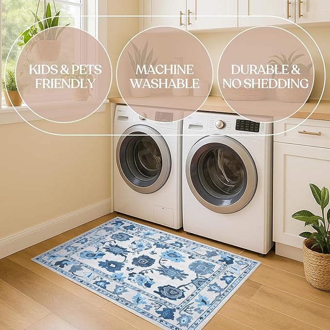 Fame Living Navy Blue Oushak Rug, Modern, Vintage, Turkish, Eclectic, Floral, Pastel, Washable, Extra Large Area Rugs for Living Room, Dining, Bedroom, Lounge, 9'x12'
