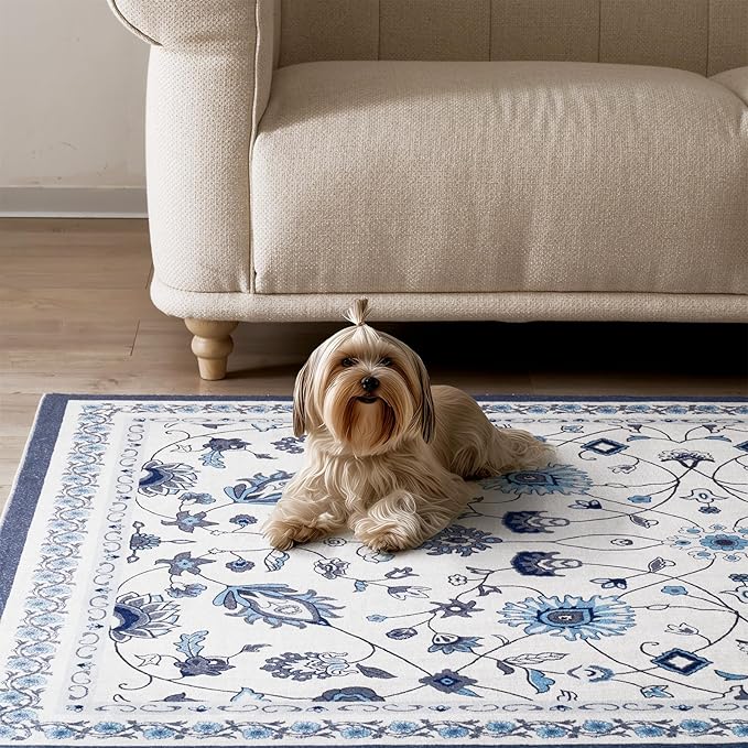 EVERGRACE Area Rugs for Living Room 5x7, Boho Floral Faux Wool Indoor Outdoor Rugs, Washable Rugs for Bedroom Dining Room Entryway Kitchen, Low Pile Floor Mat Carpet for Home Decor, Porcelain Blue