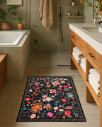 Boho Floral Entryway Rug 2x3, Washable Small Mat for Bathroom and Kitchen, Non Slip Front Door Mat Indoor Entrance, Vintage Style Flower Mat with Rubber Backing, Soft Area Rug for Entry Way (Black)