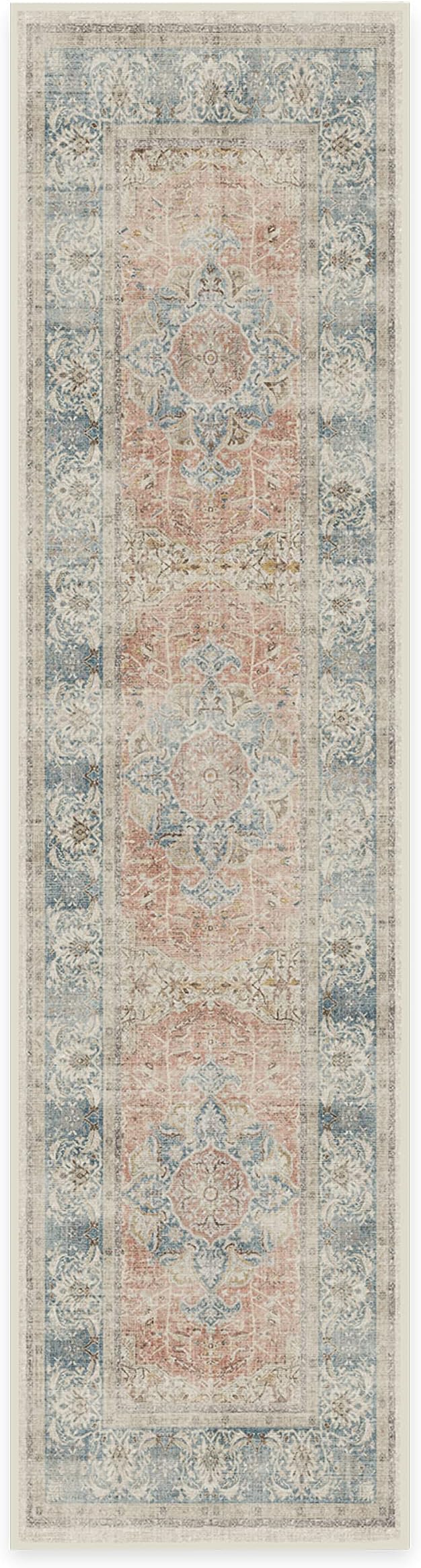 RUGGABLE Washable Vintage Runner Rug – Sarrah Coral 2.5x10, Stain-Resistant, Non-Slip Hallway Runner – Machine Washable Rug for Hallway, Entryway, Living Room & Kitchen–with Standard Pad