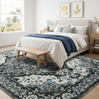 Large Area Rugs 8x10 for Living Room, Bedroom, Washable Vintage Rugs -Low Pile Distressed Rugs for Kitchen, Dining Room, Water Repellent & Non Shedding, Black and Blue