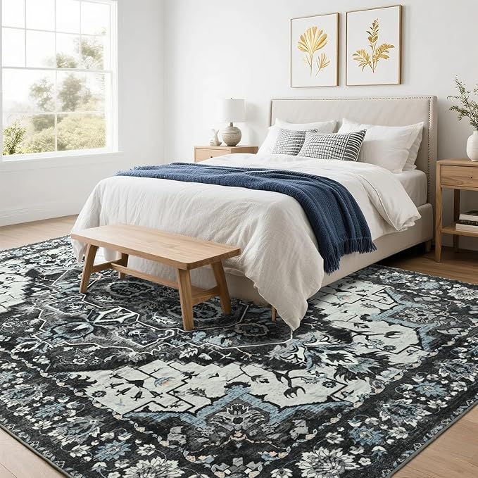 Large Area Rugs 8x10 for Living Room, Bedroom, Washable Vintage Rugs -Low Pile Distressed Rugs for Kitchen, Dining Room, Water Repellent & Non Shedding, Black and Blue