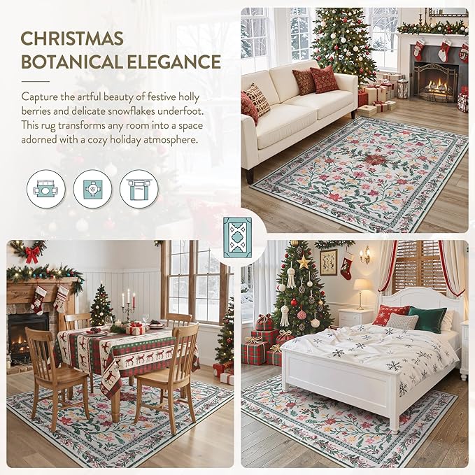 Wonnitar Christmas Rugs for Living Room, Christmas Decor 5x7 Washable Area Rug, Ultra-Thin Red Floral Holly Print Holiday Xmas Decor Non Slip Winter Carpet for Kids Room Bedroom Dining Room