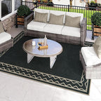OJIA Easy Jute Washable Rugs 8x10, Large Outdoor Patio Rug Washable Living Room Rug Farmhouse Indoor Outdoor Carpet Wavy Border Modern Non-Slip Black Rugs for Bedroom Backyard Deck Decor