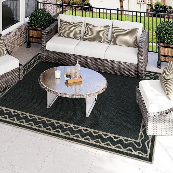 OJIA Easy Jute Washable Rugs 8x10, Large Outdoor Patio Rug Washable Living Room Rug Farmhouse Indoor Outdoor Carpet Wavy Border Modern Non-Slip Black Rugs for Bedroom Backyard Deck Decor