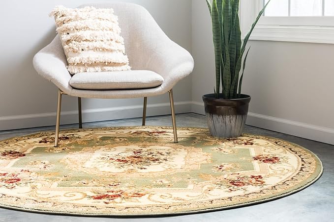 Rugs.com Chateau Collection Rug – 6 Ft Round Green Medium Rug Perfect for Kitchens, Dining Rooms