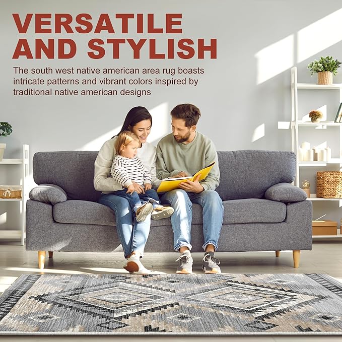 YHSF South West Native American Rug Ritz – Native Tribal American Indian Inspired Rug - Living Room, Bedroom, Hallway, Entryway & High-Traffic Area Rugs - Washable - Soft - Light Grey, 2 Feet x 3 Feet