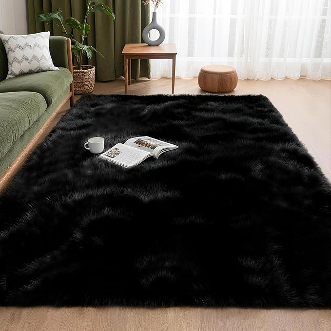 6x9 Shag Large Rugs for Living Room Bedroom, Fluffy Soft Durable Non-Shedding, Shaggy Bedside Rug for Dorm, Indoor Floor Carpet for Kids Girls and Boys, Dorms, Nursery Rooms, Home Decor, Black
