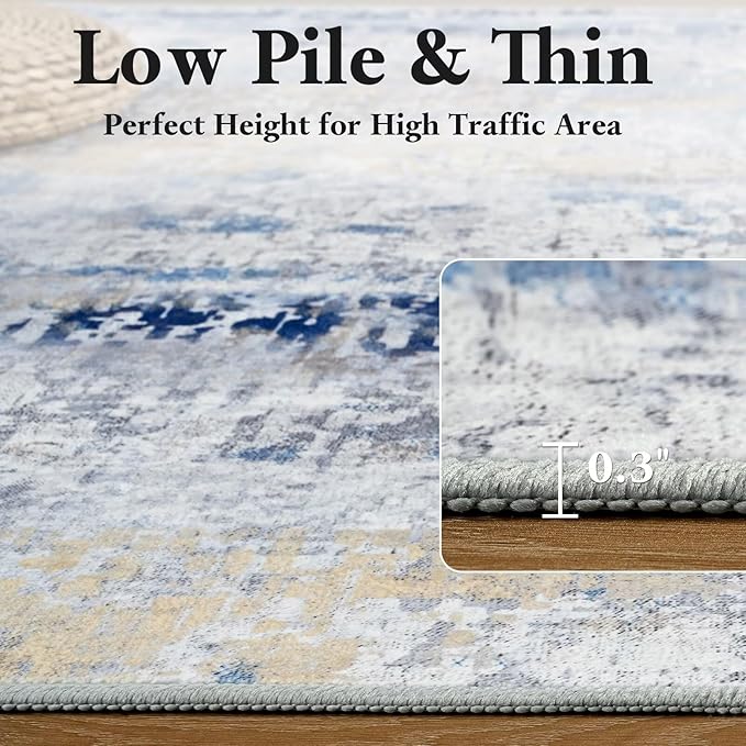 Washable Abstract Runner Rug, 2x6 Modern Area Rugs with Non-Slip Rubber Backed for Kitchen, Thin but Soft Contemporary Carpet Bedroom Entryway Hallway Decor, Midnight Blue