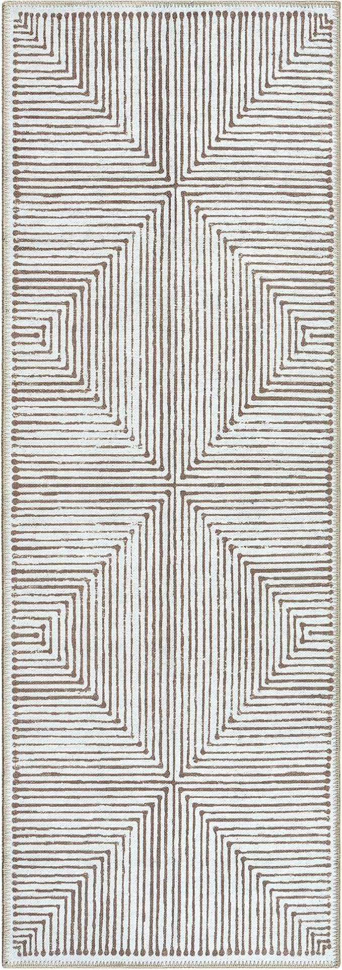 Bloom Rugs Washable Non-Slip 7 ft Runner - Brown Striped Runner for Entryway, Hallway, Bathroom, and Kitchen - Exact Size: 2.5' x 7'