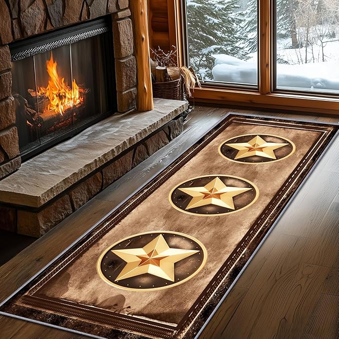 Gold Five-Point Star Runner Rug, 2x8ft Washable Hallway Badge Carpet, Corridor Accent Rugs, Stylish Decorative Runner for Home Hallway & Foyer, Vintage Style Non-Slip Mat