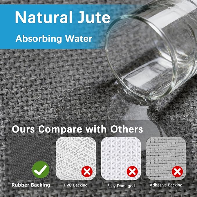7ft Braided Jute Kitchen Runner Rugs Non Slip, Rubber Backed Absorbent Kitchen Carpets Mat Washable, Natural Rug Runner for Hallway Entryway, Grey