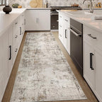 3x8 Washable Runner Rug Brown Grey Abstract Hallway Kitchen Throw Rug Neutral Modern Non Slip Soft Low Pile Carpet for Bathroom Laundry Bedroom Living Room