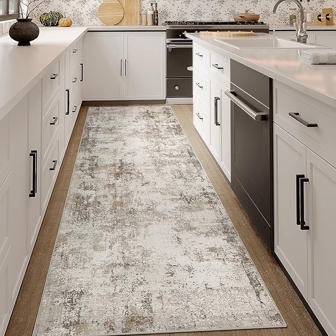 2x8 Washable Runner Rug Brown Grey Abstract Hallway Kitchen Throw Rug Neutral Modern Non Slip Soft Low Pile Carpet for Bathroom Laundry Bedroom Living Room