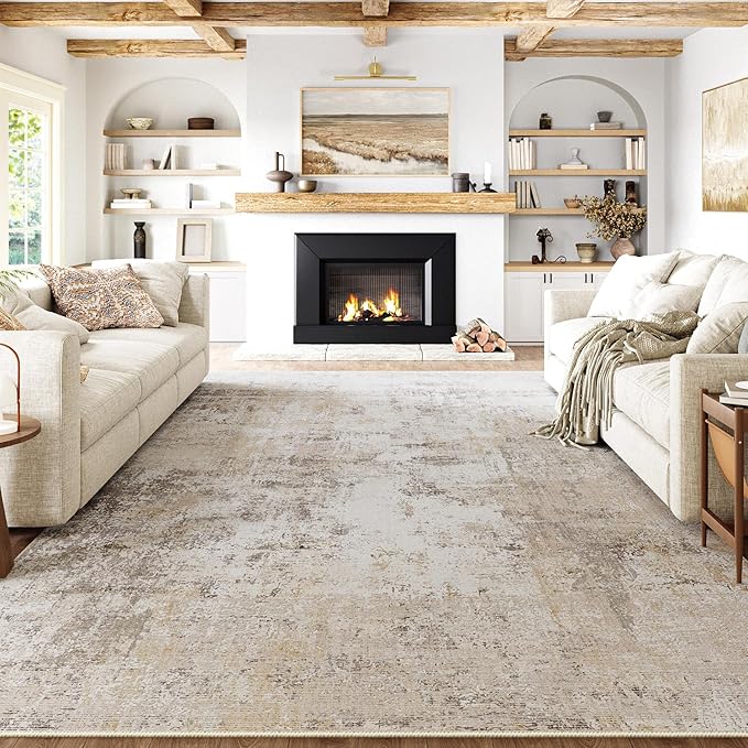 10x14 Area Rug Beige Grey Abstract Living Room Bedroom Washable Carpet Neutral Modern Non Slip Soft Low Pile Indoor Large Throw Rug for Dining Room Office