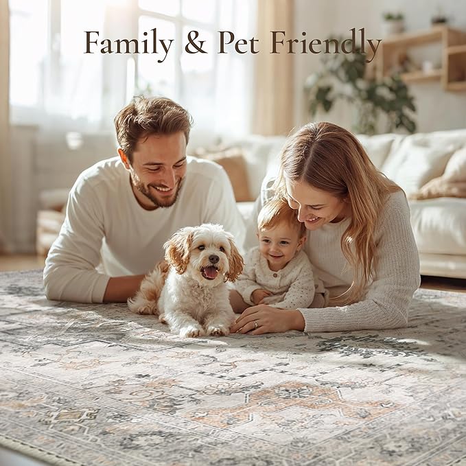 Bavni Washable Rug 5x7 Area Rug for Living Room Bedroom Dining, Washable Vintage Print Carpet, Ultra-Thin Low Pile Lightweight Rug with Non Slip Backing, Light Taupe Brown