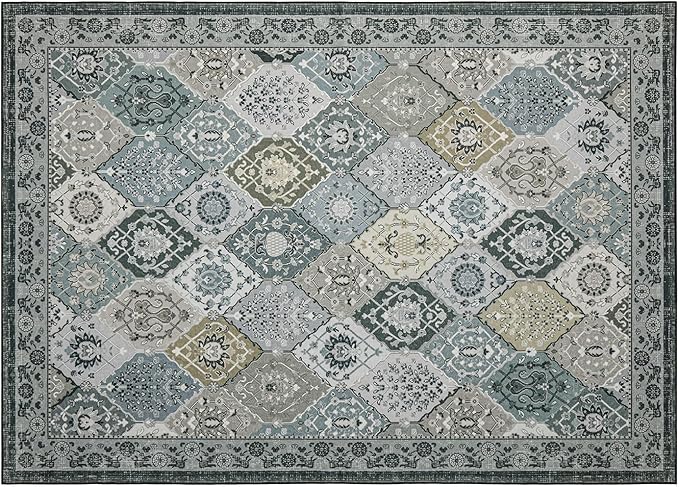 Phantoscope Washable Area Rug 5'x7' Non-Slip, Vintage Boho Rugs for Living Room, Bedroom, Dining Room, Distressed Moroccan Mosaic Diamond Pattern, Low-Pile Foldable Floor Carpet, Grey Charcoal