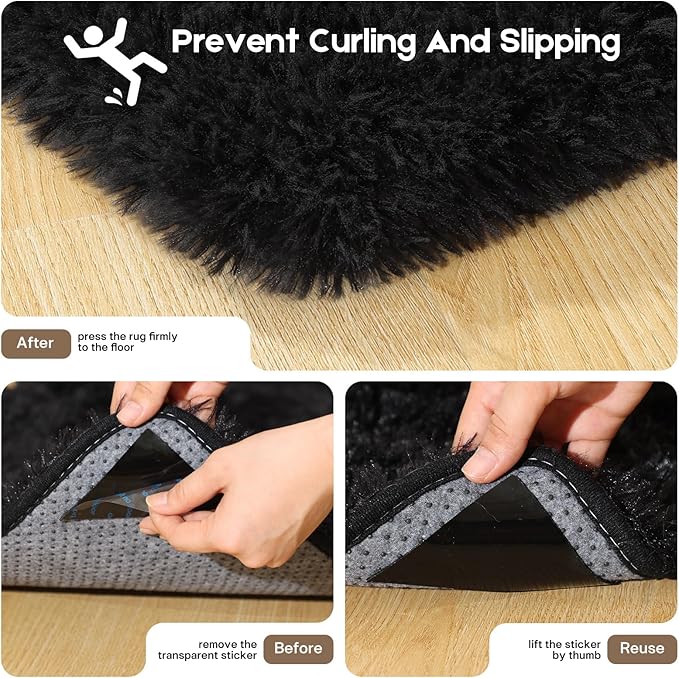 2x3 Black Rug for Bedroom Living Room, Fluffy Small Area Rug Soft Shag Carpet for Kids Boys and Girls Room with 4 Rugs Non-Slip Stickers Dorm Home Decor (2ft x 3ft)