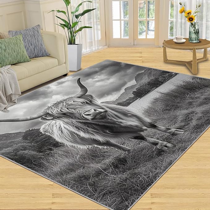 Highland Cattle Rugs for Bedroom - 5x7 Area Rug - Black White Highland Cattle Rugs for Living Room, 3D Natural Landscape Rug, Non-Slip Washable Home Decor Carpet