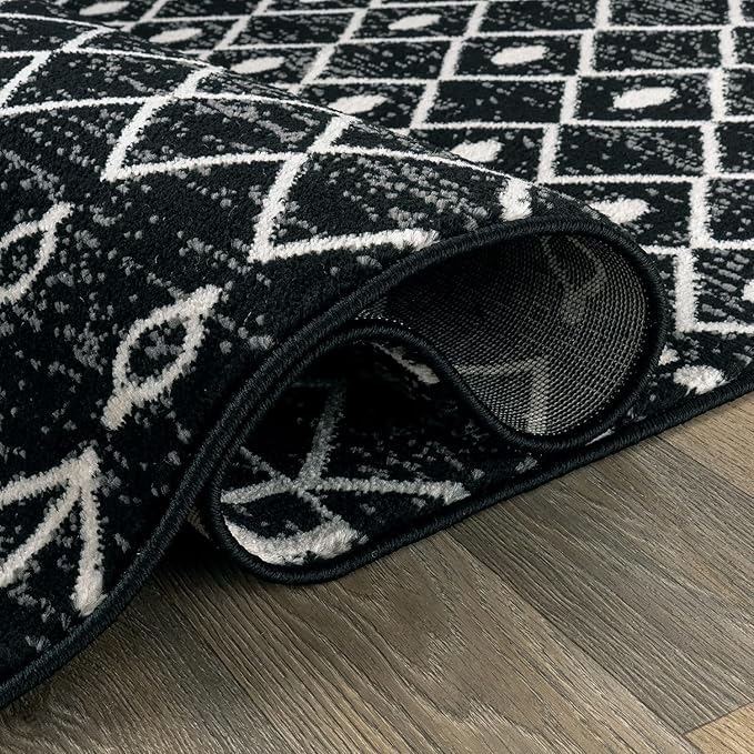 Rugshop Boho Black and White Tribal Area Rug – Geometric Diamond and Stripe Pattern Carpet for Living Room, Bedroom, or Entryway – Soft Modern Bohemian Floor Décor 2' 3" x 8' Runner Black
