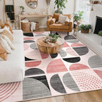 MUJOO Pink Washable Rugs 8x10,Boho Area Rugs for Living Room Bedroom,Large Throw Floor Carpet Non Slip Soft Modern Abstract Pink and Grey