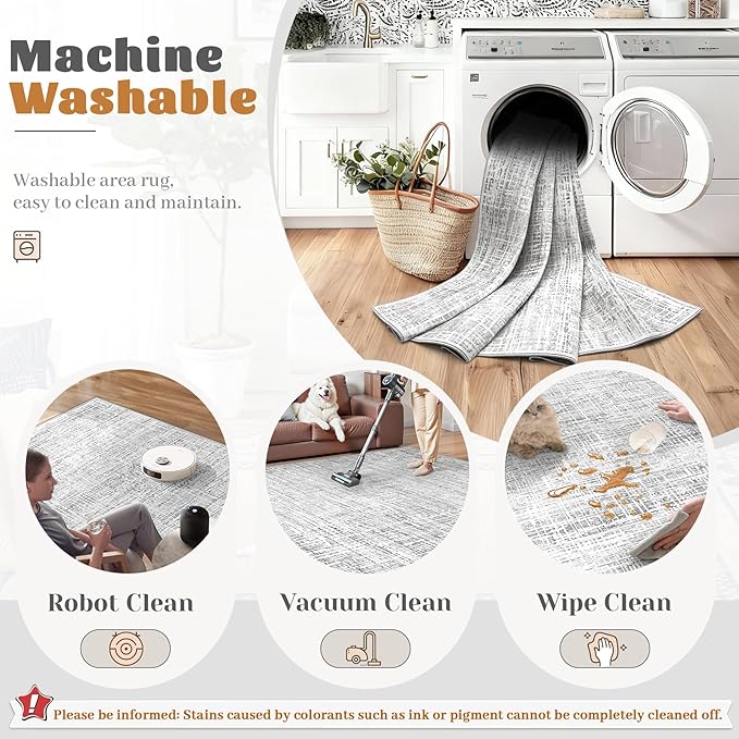 8x10 Area Rugs for Living Room, Washable Large Area Rug Neutral Modern Abstract Bedroom Rug Soft Non Slip Low Pile Stain Resistant Indoor Carpet for Nursery Kids Dining Room Office(Grey, 8'x10')