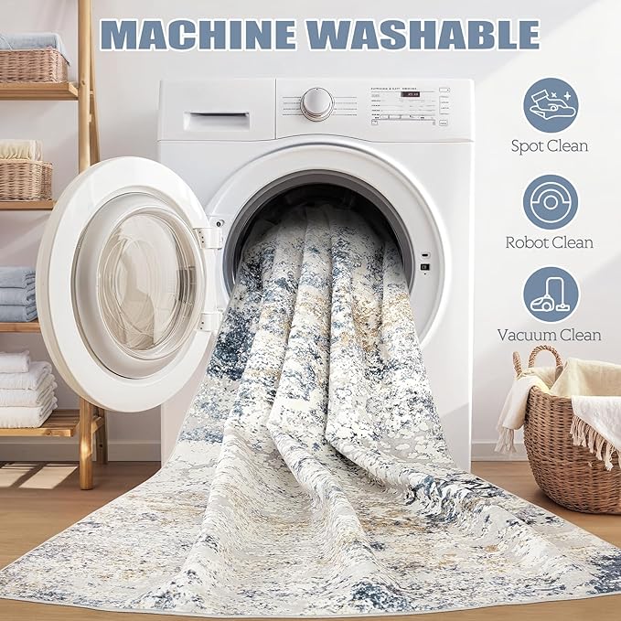 Washable Runner Rug for Hallway: 2.6x12 Neutral Modern Abstract Low Pile Area Rug with Non-Slip Backing - Carpet for Bedroom Kitchen Laundry Entryway Bathroom Indoor - Beige Blue