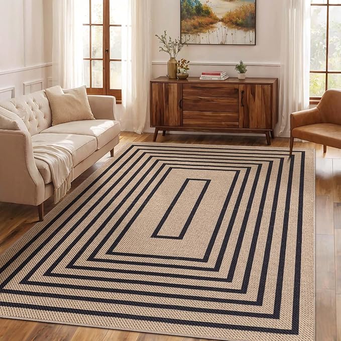 Tangsoo Easy Jute 3x5 Area Rug for Living Room,Non-Slip Black Thin Indoor Outdoor Rug,Boho Farmhouse Geometric Washable Carpet for Front Porch Bedroom Patio Entryway