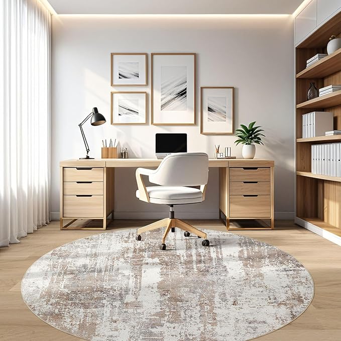 Round Rug Living Room Rugs: 7Ft Washable Circle Large Abstract Modern Soft Stain Resistant Non Slip Indoor Floor Carpet for Bedroom Nursery Office Dining Room Dorm Home House Decor- Brown