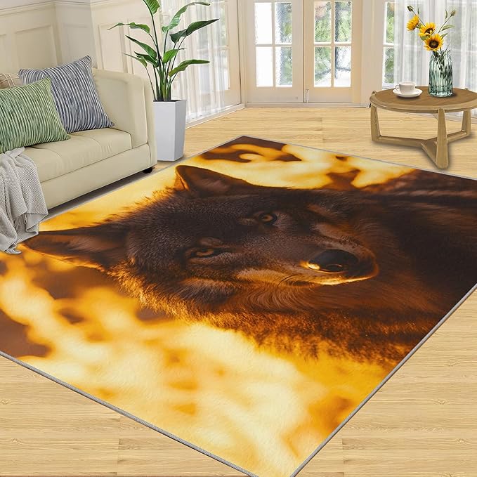 Wolf Rugs for Bedroom - 5x7 Area Rug - Timber Wolf Rugs for Living Room, Sunset Landscape Rug, Non-Slip Washable Home Decor Carpet