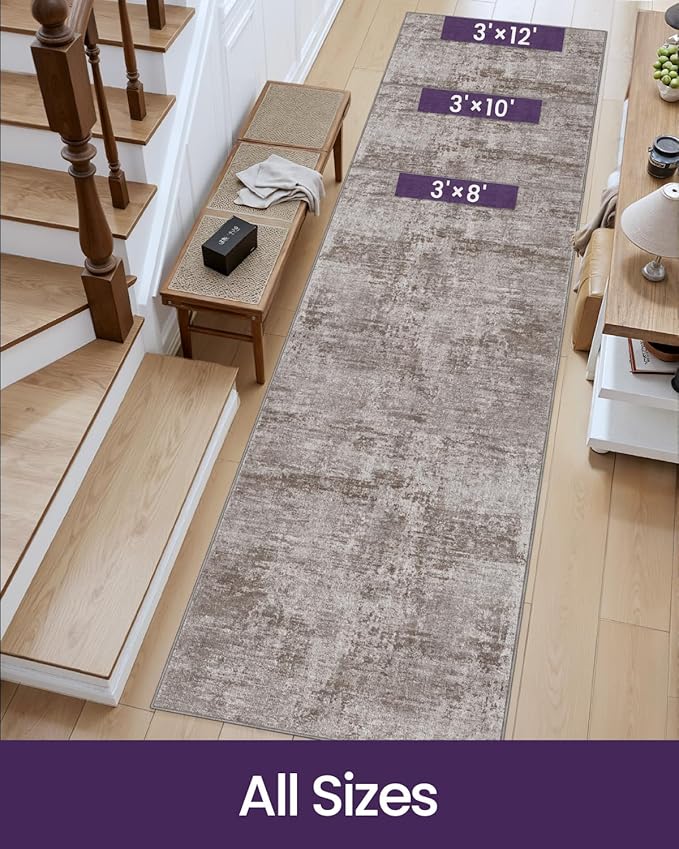 DEXI Hallway Runner Rug 3x10, Modern Abstract Non Slip Thin Soft Runners Carpet, Stain Resistant Washable Indoor Rug for Hallway Entryway Kitchen Laundry Room Living Room, Red Brown