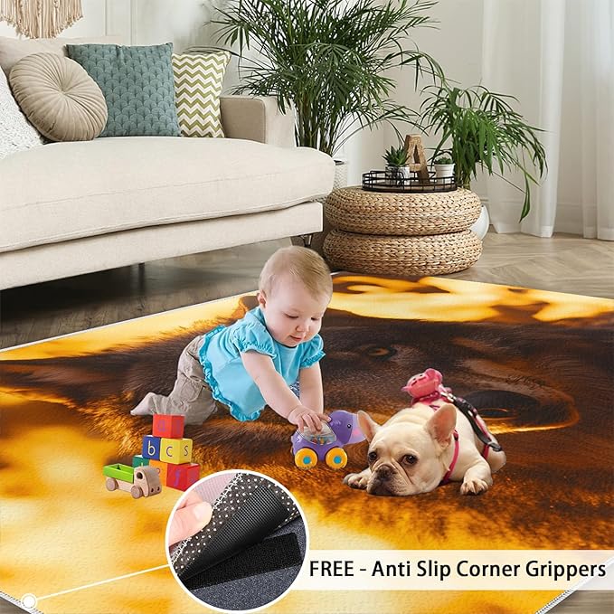 Wolf Rugs for Bedroom - 3x5 Area Rug - Timber Wolf Rugs for Living Room, Sunset Landscape Rug, Non-Slip Washable Home Decor Carpet