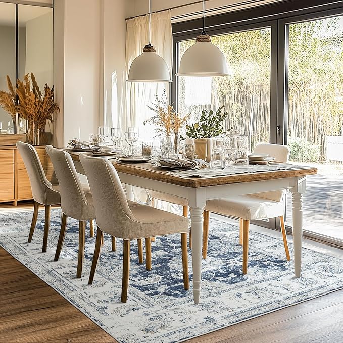 jinchan Fiora Washable Area Rug 8x10 for Living Room Soft Faux Wool Ultra-Thin Stain Resistant Non-Slip Distressed Vintage Floral Large Carpet for Bedroom, Home Office, Nursery(Dark Blue, 8'x10')