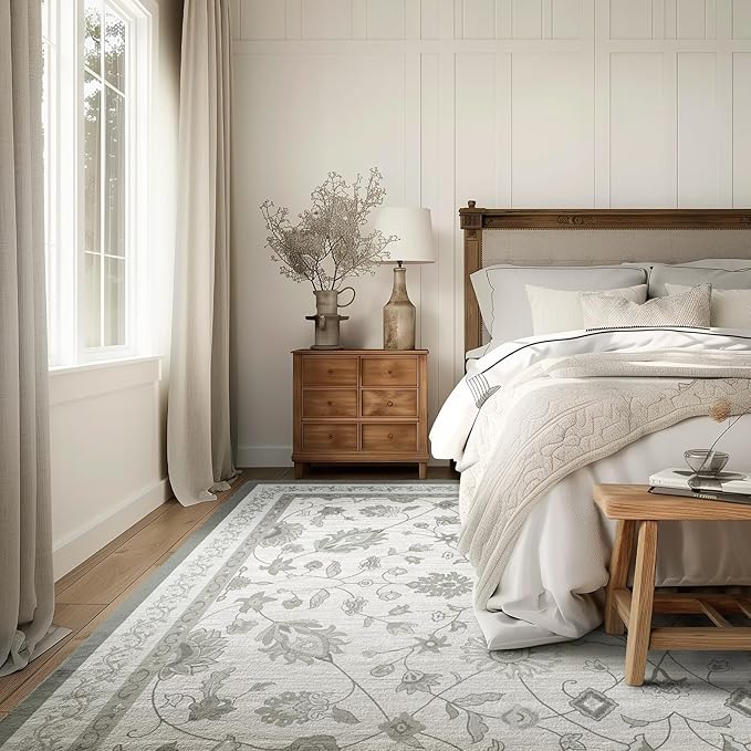 EVERGRACE Area Rugs for Living Room 9x12, Boho Floral Faux Wool Indoor Outdoor Rugs, Washable Rugs for Bedroom Dining Room Entryway Kitchen, Low Pile Floor Mat Carpet for Home Decor, Cool Gray