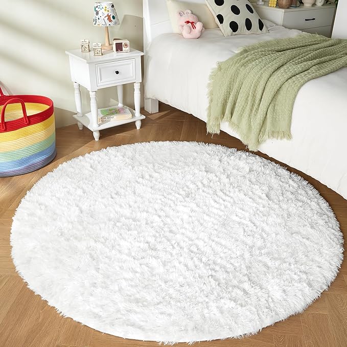 Andency White Round Area Rug for Living Room, Large Shag Circle Rug 7x7 for Bedroom, Fluffy Faux Fur Carpet for Room Home Decor, Circular Fuzzy Plush Rug for Playroom Dorm Home Decor
