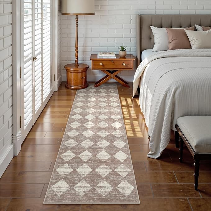 Lahome Moroccan Treills 2x8 Washable Hallway Runner Rug, Non Slip Bathroom Kitchen Carpet Runners, Checkered Modern Soft Runner for Entryway Living Room, Beige