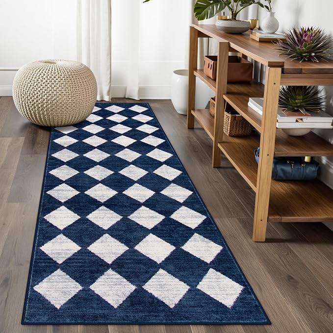 Lahome Checkered Washable Runner Rug,2x6 Rug Runners for Hallways Non Slip,Blue Kitchen Runner Rug,Moroccan Trellis Soft Low Pile Carpet Runners for Entryway Laundry Room Bathroom(2'x6',Blue)